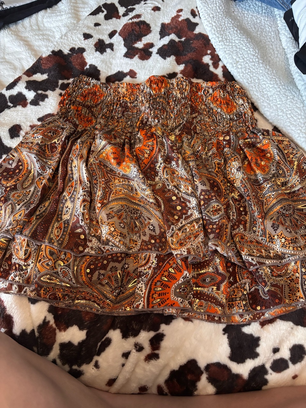 Paisley Smocked Mini Skirt in Orange and Brown